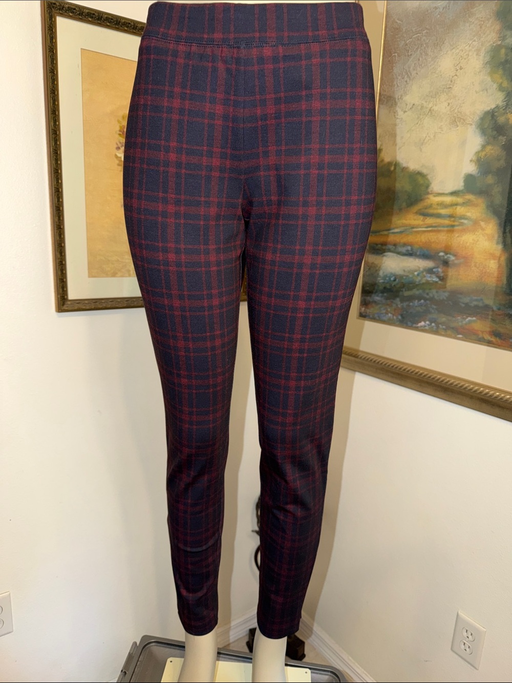 TALBOTS PANTS - (NWT) Navy & Burgundy Plaid Ponte Pants w/Side Zip Hem SIZE MED